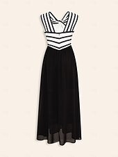 economico Abiti per le feste-chiffon nero&amp;amp;abito lungo senza maniche con elastico in vita a righe in raso e collo annodato per feste/invitati a nozze per stupire 2024
