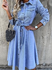 billiga Denimklänningar-Dam Denimklänningar Skjortklänning Midiklänning Datum Semester Denim Grundläggande Modern Tröjkrage Knapp Ficka Långärmad Sommar Vår Normal Slät