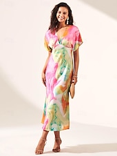 baratos Vestidos de Férias-Vestido de convidado de casamento feminino estampa ombre decote em v vestido midi elegante encontro manga curta ajuste regular férias diário vestido de verão