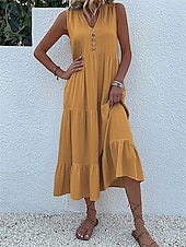 preiswerte Kleider aus Baumwolle und Leinen entwerfen-Damen Schwarz Gelb Blau Sommer Frühling Maxikleid Leinen-inspirierte Kleider Freizeitkleid Sommerkleid Basic Modern Täglich Wochenende Lässiger Schnitt Einfach V Ausschnitt