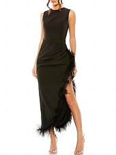 abordables Robes pour invitées de mariage-Robes de cérémonie maigre Noires Élégante Robe Formelle Cocktail Thé Longueur Sans manches Col bijou Crêpe extensible avec plumes