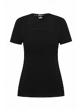 abordables T-shirt uni-T-shirt à encolure festonnée pour femme, manches courtes, couleur unie, coupe slim, extensible, décontracté, mode, noir