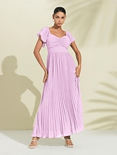 abordables Robes décontractées-Robe longue d&#039;invité de mariage en mousseline de soie pour femmes, élégante, bleue, plissée, col en v, manches courtes, ligne a, robe de soirée formelle
