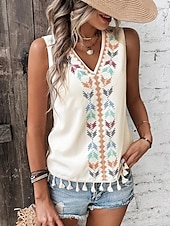 billige Boho t-skjorte-Dame Singleter Fritid Ermeløs V-hals Vanlige topper Daglig Trykt mønster Svart Hvit Rosa matt-hvit Sommer