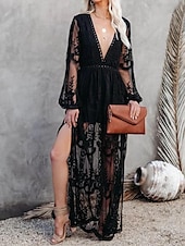 preiswerte Weiße Spitzenkleider-Damen Weißes Kleid Maxidress Patchwork Hochzeit Party Elegant V Ausschnitt Langarm Schwarz Weiß Farbe