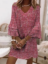 billiga Blommiga klänningar-Kvinnors Mini Klänning Semi Formell Klänning Petite Klänning Sundress A Linje Klänning Bohemia Stilren Boho Volang Ärmar Semester Fest Gata Normal Passform Ditsy Blommig 3/4 Längd Ärmar V Urdåg Rosa