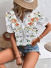 economico Top Floreali-Blusa da donna bianca elegante in pizzo top blusa ad occhio pizzo floreale etnico manica corta maniche a palloncino V neck top romantico quotidiano petite abbigliamento estivo vacanze bianco estate
