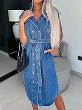 tanie Sukienki dżinsowe-Damskie Dżinsowe sukienki Sukienka koszulowa Sukienka midi Randka Urlop Jeans Podstawowy Nowoczesny Kołnierzyk koszuli Kieszeń Pasy Krótki rękaw Lato Wiosna Regularny Równina