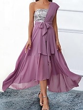 levne Party šaty-Dámské Šifonové šaty Maxi šaty Flitry Nabírané šaty Svatební host Koktejlový večírek Elegantní Formální Jedno rameno Bez rukávů Světle fialová Barva