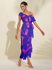 abordables Robe de cocktail-Robe mi-longue à basque pour femmes, tenue d&#039;invité de mariage, violet, orange, manches courtes, volants fleuris, cravate sur le devant, printemps &amp;amp; été asymétrique romantique s m l