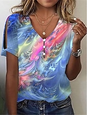 economico Maglietta Arte &amp; Design-Per donna maglietta Colorato a macchie Di tendenza Moderno Manica corta A V Top regolari Giornaliero Bottoni Stampa Rosso Blu Viola Verde Estate