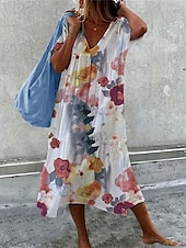 economico abiti stampati in cotone e lino-Per donna Abito Midi Abiti ispirati al lino Abito in maglia Abito Boho a Maniche Lunghe Elegante Bohemien Casual Vacanza Casa Quotidiano Vestibilità comoda Floreale Scollo a V Rosa Rosso Blu Estate
