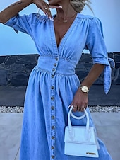 preiswerte Blumenkleider-Damen Jeanskleider blusenkleid Maxikleid B¨¹ro Urlaub Denim Basic Modern V Ausschnitt Taste Halbe Ärmel Sommer Frühling Regular Fit Glatt