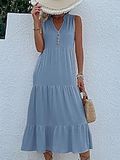preiswerte Kleider aus Baumwolle und Leinen entwerfen-Damen Schwarz Gelb Blau Sommer Frühling Maxikleid Leinen-inspirierte Kleider Freizeitkleid Sommerkleid Basic Modern Täglich Wochenende Lässiger Schnitt Einfach V Ausschnitt