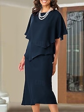 economico Lunghezza del tè-Abito A-Line per la madre della sposa Ospite di nozze Elegante Taglie forti Collo a gioiello Lunghezza tè Chiffon Maniche corte con rouches 2025 taglia personalizzata gratuita