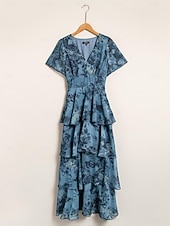 ieftine rochie casual cu imprimeu-rochie de nunta dama rochie florala rochie de vara rochie lunga rochie maxi albastru maneca scurta flori flori/plante decolteu in v talie elastica imprimare primavara &amp;amp; vara decolteu in v-fata