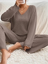 voordelige Nachtkleding voor dames-dames pyjama sets pure kleur mode comfort thuis dagelijks bed brei ademend v draad lange mouwen broek elastische taille lente herfst zwart kameel thuis outfits