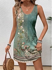 olcso Boho ruhák-Női Mini Ruha Kicsi Ruha Napernyő Ruha Tank Ruha Nyári Ruha Stílusos Hétköznapi Vakáció Napi Ünnepi Laza Illeszkedés Virágos Ujjatlan Kerek Nyak Kék Lila Zöld Nyár