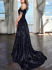 abordables NOIR-Robe de soirée A-Line élégante Robe de mariée formelle longueur de sol sans manches décolleté en V ornée de sequins avec perles robe de masquerade 2025