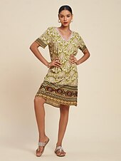cheap Print Casual Dress-Chiffon Geometric Boho V Neck Short Sleeve Mini Dress
