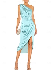 abordables Robes pour invitées de mariage-Robes Invitée de Mariage Fourreau Élégante Robe Semi-Formelle Longueur Thé Sans Manches Épaule Dénudée Soie Immitée avec Plis 2025