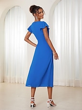 abordables Robe de cocktail-Robe Portefeuille Robe Trapèze Femme Robe mi-longue Ruché A Volants Mariage Soirée Elégant Grande occasion Col V Standard Bleu Vert S M L XL 2XL