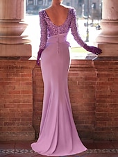 economico Abiti da Sera Sirena-Abito da sera sirena in paillettes abito elegante cerimonia di nozze ricevimento formale lunghezza a terra maniche lunghe collo gioiello con fiocco(i) perle abito da mascherata