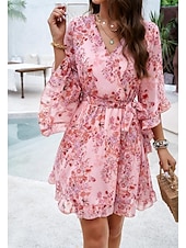 billiga Casual blommiga klänningar-kvinnors omlottklänning blommig volang bälte v-ringad fladderärm miniklänning elegant daglig 3/4 lång ärm sommar