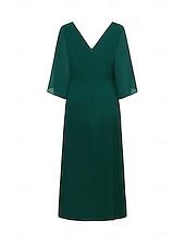 economico Abiti da festa-abito da cocktail per invitati a nozze da donna in chiffon tinta unita con volant intrecciato elegante abito lungo estivo scollo a V svasato manica a 3/4