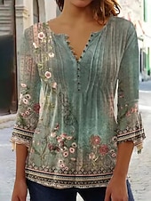 billige Kvinne Grafiske Topper-dameskjorte bluse tilfeldig blomsterknapper print 3/4 lengde erme vanlige topper rund hals ferie daglig hvit rosa blå grønn vår &amp;amp; sommer