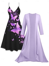 abordables Conjuntos de vestir-Mujer Conjunto de vestido Vestido informal Vestido Estampado Moda Casual Floral Estampado Vestido Midi Manga 3/4 Escote en Pico Exterior Vacaciones Negro Blanco Morado Verano Primavera Holgado