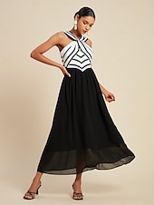 economico Abiti per le feste-chiffon nero&amp;amp;abito lungo senza maniche con elastico in vita a righe in raso e collo annodato per feste/invitati a nozze per stupire 2024
