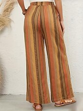 cheap Wide Leg &amp; High Waisted-Women&#039;s Wide Leg Pants Trousers Casual Daily Long Striped Drawstring Side Pockets Print Breathability Comfortable Micro-elastic Weekend Orange Spring &amp; Summer Loose Fit
