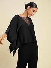 billiga Blusar &amp;amp; skjortor-Dam Summer Tops Enfärgad / vanlig färg Ledigt / vardag Helgen Fladdermusärm Svart Spets Dolman Ledigt vardag Båthals Sommar