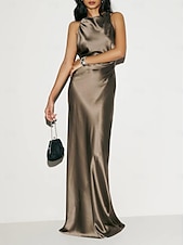 cheap Wedding Guest Dresses-Sheath Wedding Guest Dresses Elegant Dress Formal Black Tie Floor Length Sleeveless Halter Neck Charmeuse Crisscross Back with Ruched 2025