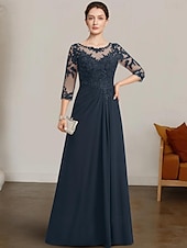 cheap Floor Length-A-Line Mother of the Bride Dress Elegant Bateau Neck Floor Length Chiffon Lace 3/4 Length Sleeve with Lace 2025 free custom size