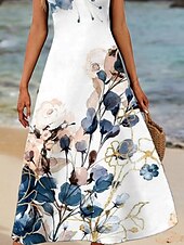 abordables Robes fleuries-Robe longue maxi femme robe d&#039;été robe à bretelles robe d&#039;été décontractée vacances fête décontractée coupe ample floral sans manches col rond bleu marine été
