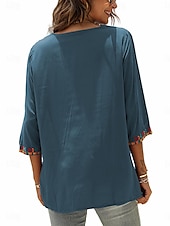 billige Kvinnenes ferietopper-Dame Bluse Geometrisk Bohem 3/4 ermer V-hals Vanlige topper Daglig Broderi Svart Hvit Gul Rød Blå Sommer