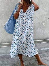economico abiti stampati in cotone e lino-Per donna Abito Midi Abiti ispirati al lino Abito in maglia Abito Boho a Maniche Lunghe Elegante Bohemien Casual Vacanza Casa Quotidiano Vestibilità comoda Floreale Scollo a V Rosa Rosso Blu Estate