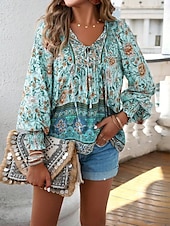 billige Boho topper-damebluse stilig boho blomsterslips foran lanternearm langermet knytehals daglig rosa marineblå oransje grønn sommer