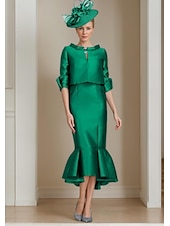 abordables Ensembles de robes pour maman-Ensemble deux pièces Robe Sirène Mère de la Mariée Robe de cérémonie d&#039;invité de mariage Élégante Encolure ornée Mi-longue Satin Manche mi-longue avec Boutons Robe Derby Robe de jour de course 2025
