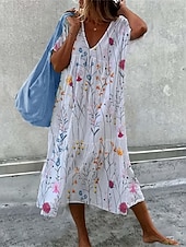 economico abiti stampati in cotone e lino-Per donna Abito Midi Abiti ispirati al lino Abito in maglia Abito Boho a Maniche Lunghe Elegante Bohemien Casual Vacanza Casa Quotidiano Vestibilità comoda Floreale Scollo a V Rosa Rosso Blu Estate
