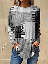 abordables T-shirt rayé et géométrique-Femme Normal T shirt Graphic Plaid Rétro Vintage Mode Décontractées manche longue Col Rond Hauts réguliers Vacances du quotidien Sortie Patchwork Imprimer Jaune Rose Claire Gris Clair Toutes les