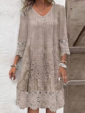 cheap Casual Dress-Women&#039;s Casual Dress Boho Lace Detail V-neck Three Quarter Sleeve Vintage Pattern Relaxed Fit Beige Tan Linen Blend Spring Autumn Regular Size Outdoor Daywear