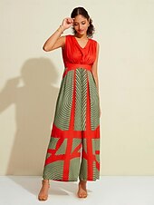 Недорогие Jumpsuits-атласный полосатый комбинезон без рукавов с v-образным вырезом