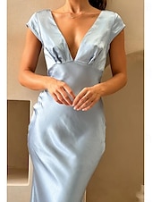 abordables Robes pour invitées de mariage-Robe de mariage invitée en mermaid bleu ciel Robe élégante Formelle Cravate noire Longueur au sol Manches courtes Col en V Charmeuse Dos croisé avec fronces 2025