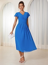 abordables Robe de cocktail-Robe Portefeuille Robe Trapèze Femme Robe mi-longue Ruché A Volants Mariage Soirée Elégant Grande occasion Col V Standard Bleu Vert S M L XL 2XL