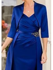 preiswerte Mit Jacke-Zweiteiliges Kleid Mutter der Braut Elegantes kleines Kleid V-Ausschnitt Knie-lang Satin 3/4-Langen Ärmel mit Band  Schleife Raffung einfarbig 2025 kostenlose Maßanfertigung