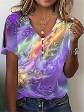 economico Maglietta Arte &amp; Design-Per donna maglietta Colorato a macchie Di tendenza Moderno Manica corta A V Top regolari Giornaliero Bottoni Stampa Rosso Blu Viola Verde Estate