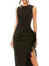 abordables Robes pour invitées de mariage-Robes de cérémonie maigre Noires Élégante Robe Formelle Cocktail Thé Longueur Sans manches Col bijou Crêpe extensible avec plumes